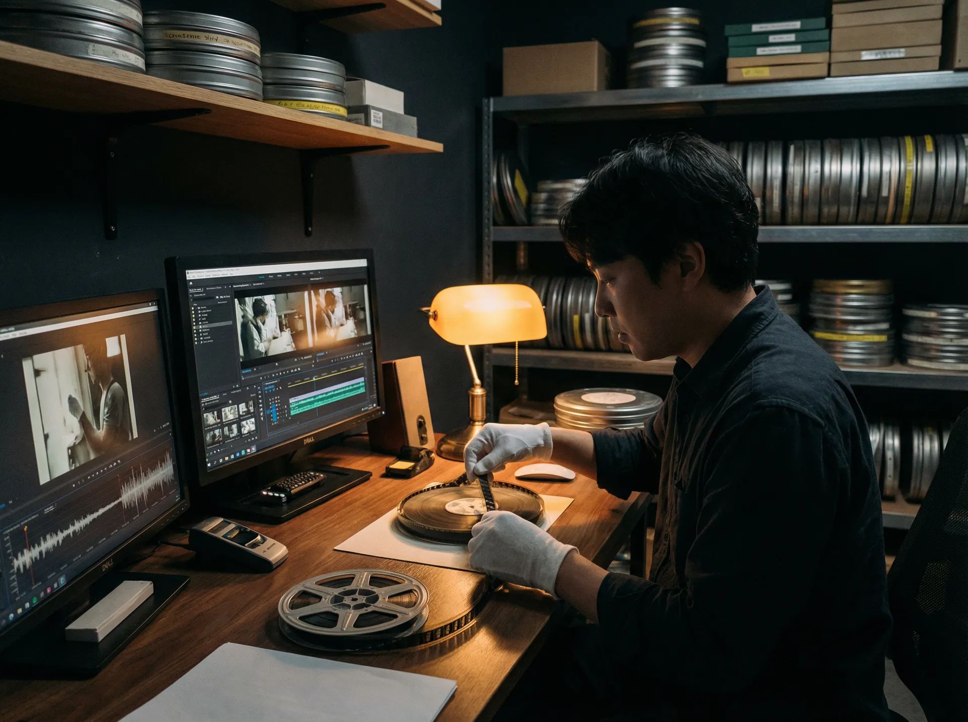 修复师在专业工作站进行色彩校正工作